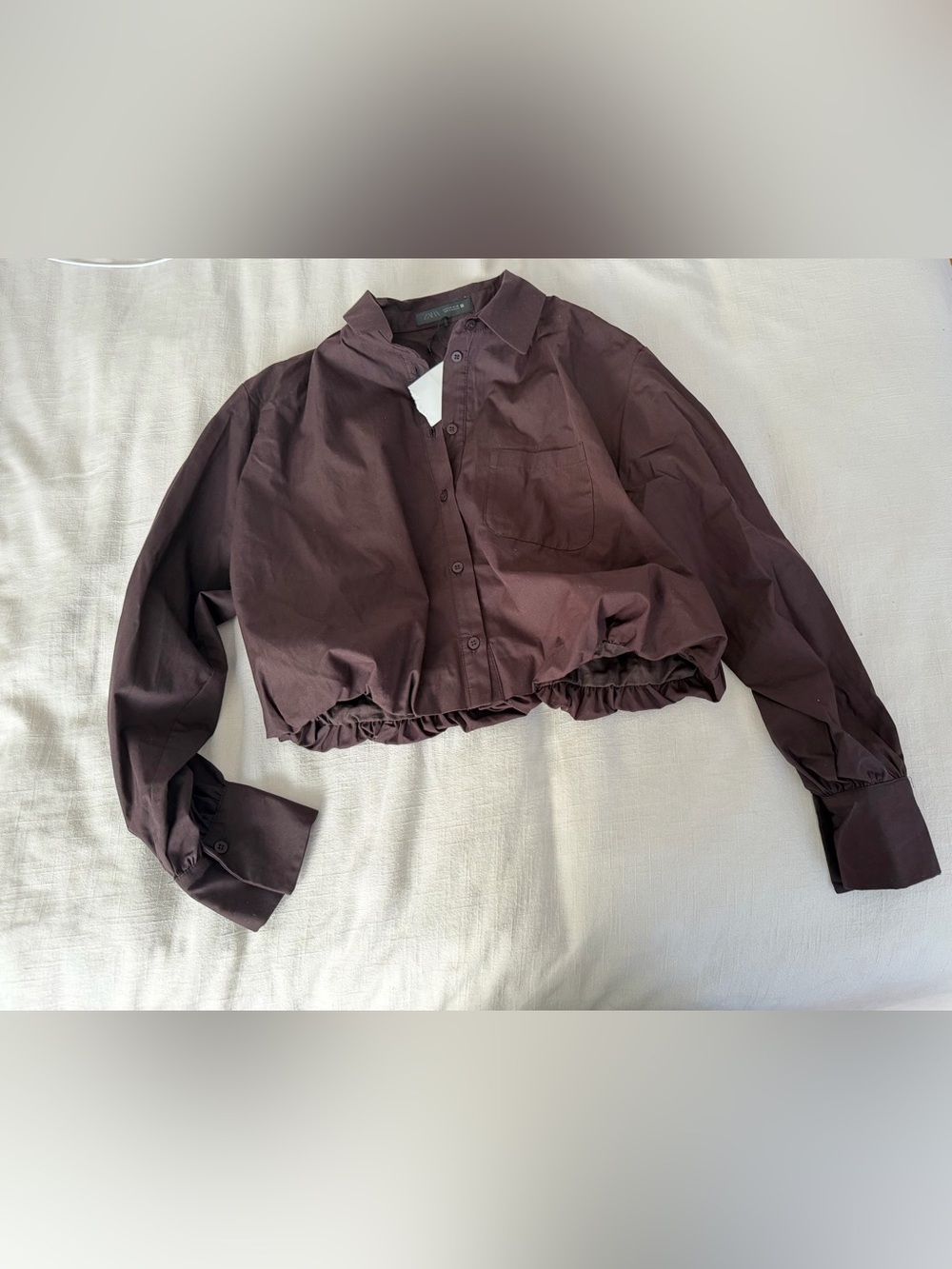 Zara Dark Brown Cropped Button-Up Shirt NWT size M - casual chic